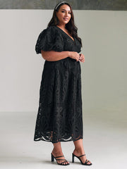 V-neck sexy waist slim fit hollow embroidery dress