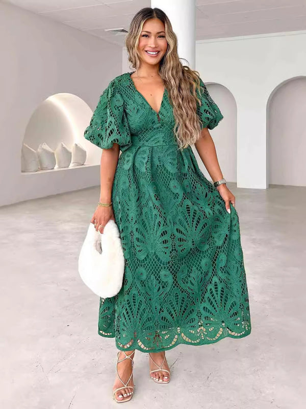 V-neck sexy waist slim fit hollow embroidery dress