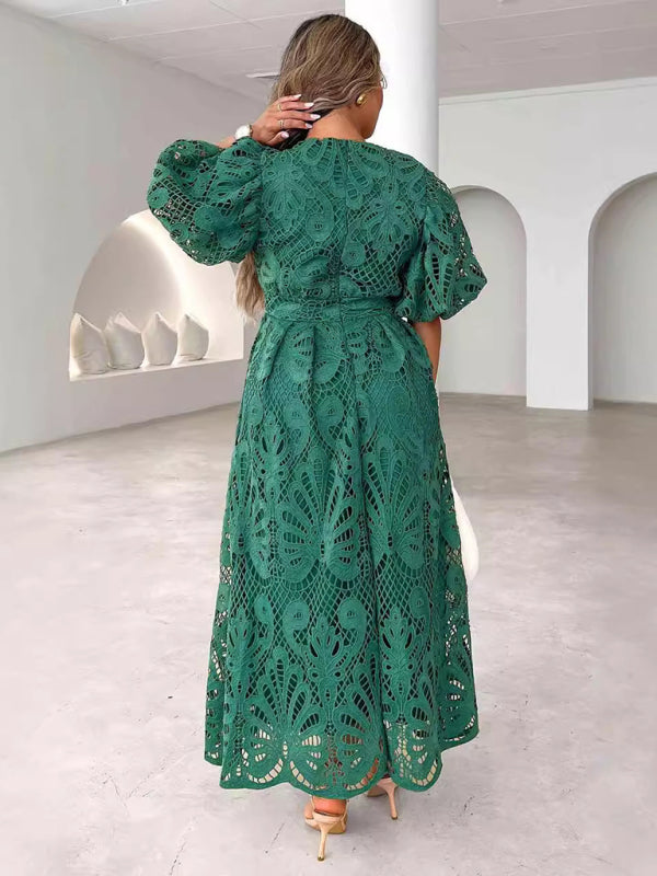 V-neck sexy waist slim fit hollow embroidery dress