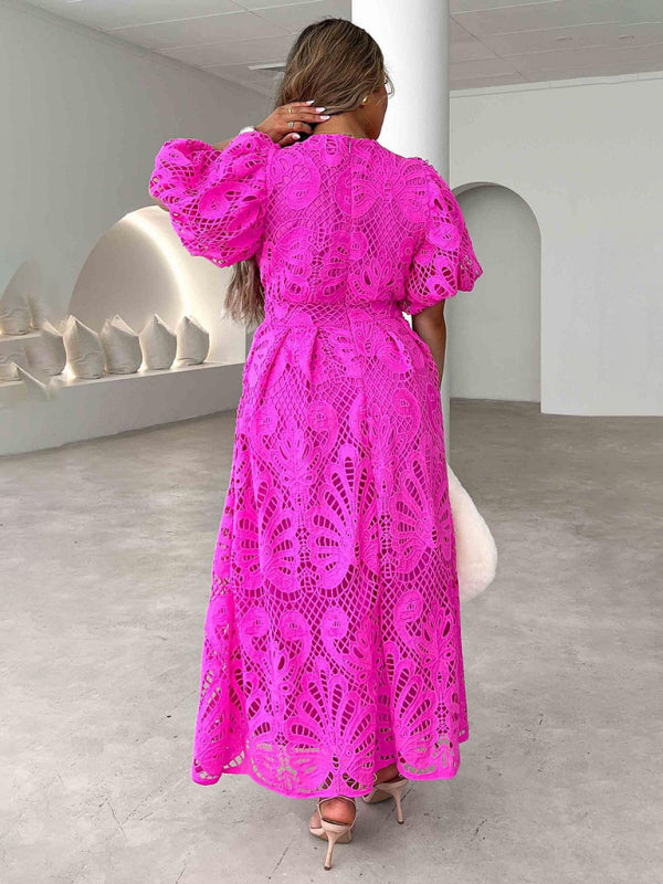 V-neck sexy waist slim fit hollow embroidery dress