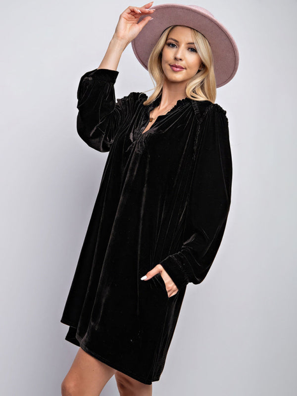 velvet simple solid color loose straight dress
