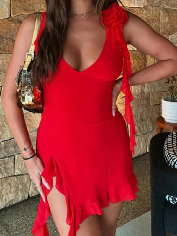 style deep V strap sexy slim fit floral decorated wave edge dress Dress