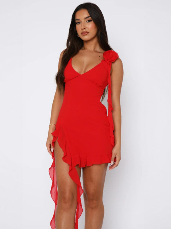 style deep V strap sexy slim fit floral decorated wave edge dress Dress