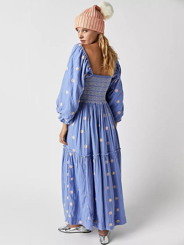 style casual trumpet sleeves embroidered square collar sunflower swing blue dress