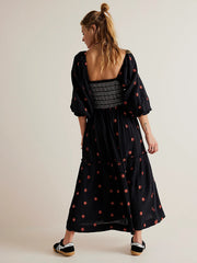 casual black dress with embroidered square collar and sunflowers