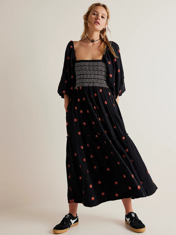 casual black dress with embroidered square collar and sunflowers