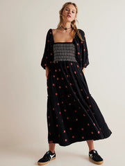 casual black dress with embroidered square collar and sunflowers