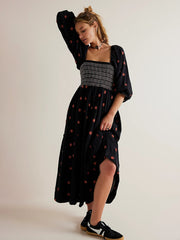 casual black dress with embroidered square collar and sunflowers