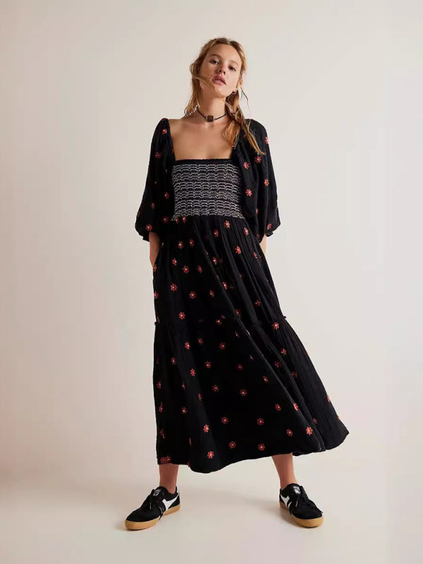 casual black dress with embroidered square collar and sunflowers