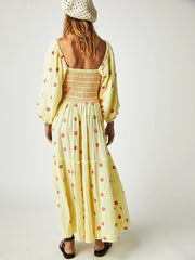 casual embroidered square collar sunflower light yellow dress
