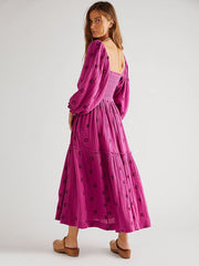 casual embroidered square collar sunflower rose red dress