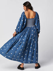 casual embroidered square collar white sunflower dark blue dress