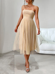 Strapless high waist mesh midi evening dress