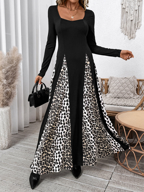 leopard print stitching retro high waist long sleeve wide leg dress