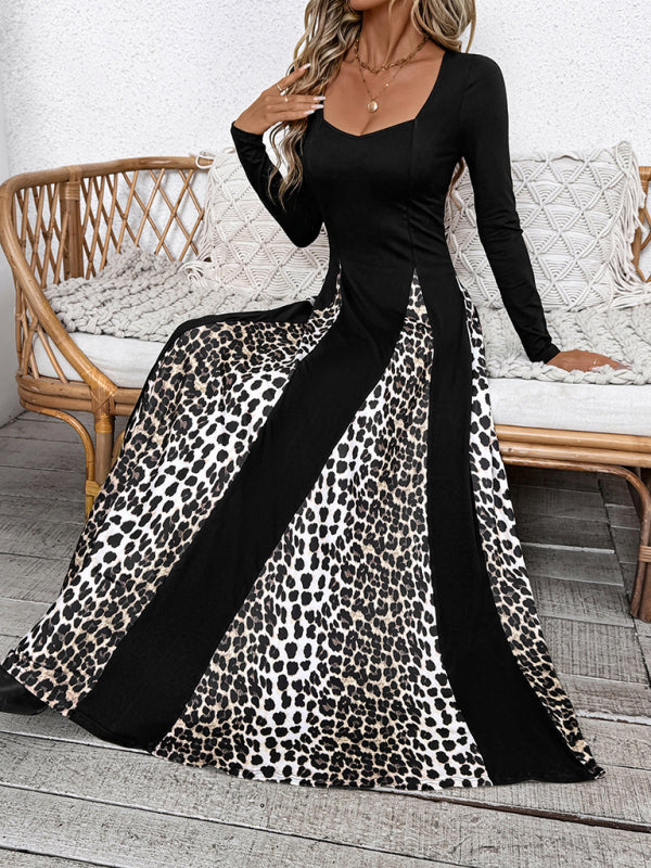 leopard print stitching retro high waist long sleeve wide leg dress