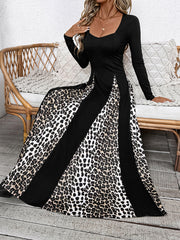 leopard print stitching retro high waist long sleeve wide leg dress