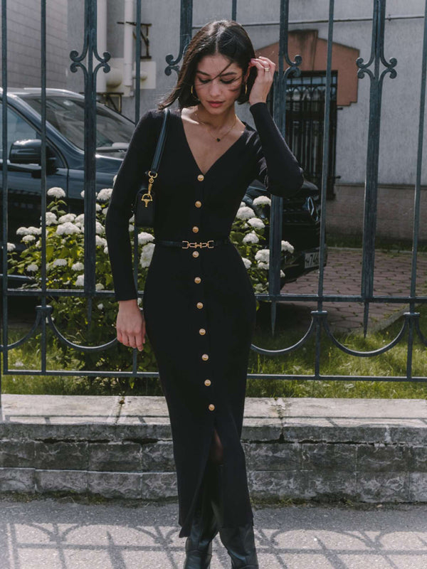 Long Sleeve Knitted Dress Button Slit Hip Sweater Cardigan Dress