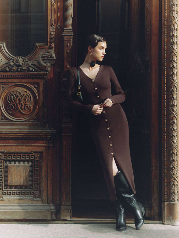 Long Sleeve Knitted Dress Button Slit Hip Sweater Cardigan Dress