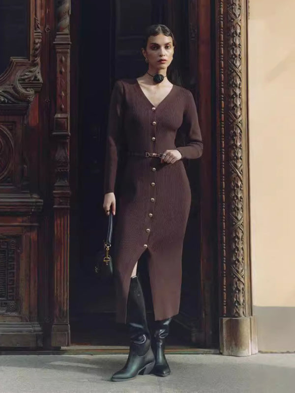 Long Sleeve Knitted Dress Button Slit Hip Sweater Cardigan Dress