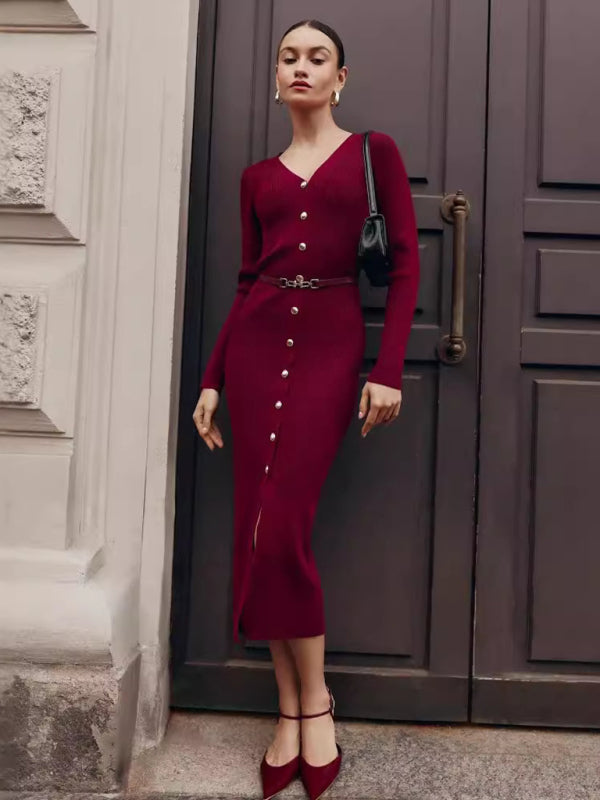 Long Sleeve Knitted Dress Button Slit Hip Sweater Cardigan Dress