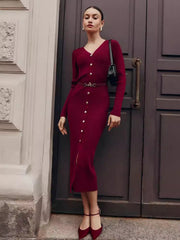 Long Sleeve Knitted Dress Button Slit Hip Sweater Cardigan Dress