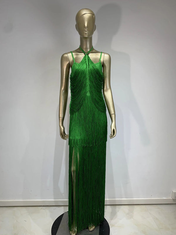 green halter neck maxi dress with fringe hem for dinner party Dress