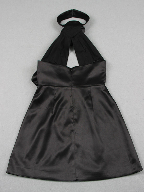 Sexy and flower hollow halter neck short dress