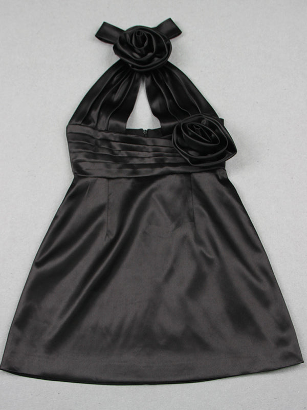 Sexy and flower hollow halter neck short dress