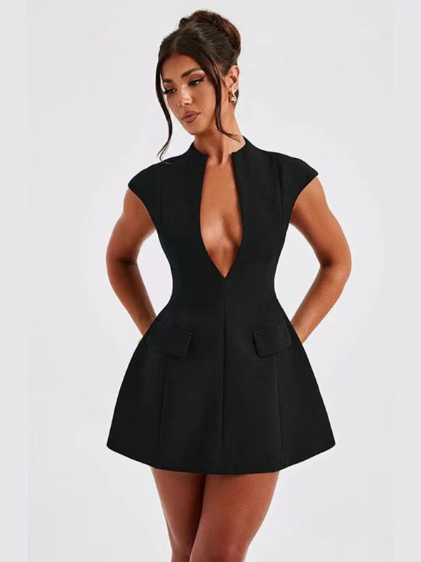 solid color pocket sleeveless sexy V-neck high waist short dress