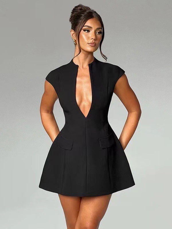 solid color pocket sleeveless sexy V-neck high waist short dress