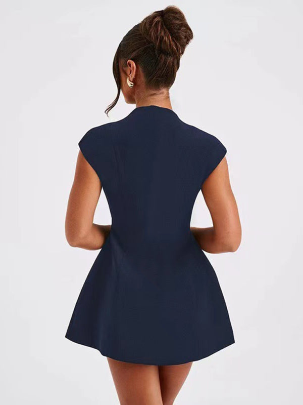 solid color pocket sleeveless sexy V-neck high waist short dress