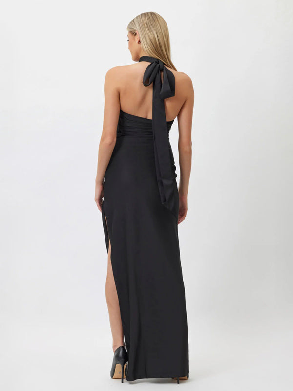 style ribbon flower halter neck long dress sleeveless dress