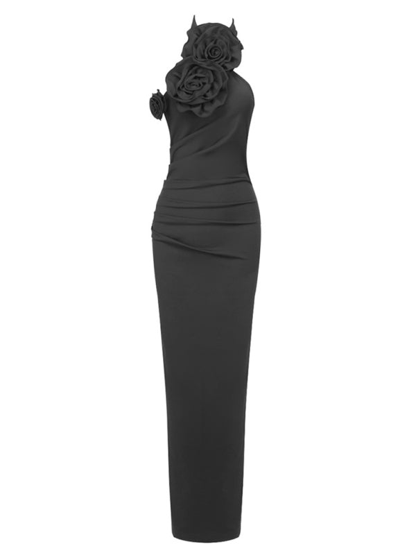 style ribbon flower halter neck long dress sleeveless dress