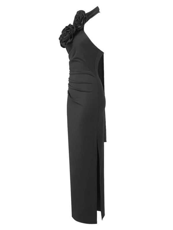 style ribbon flower halter neck long dress sleeveless dress