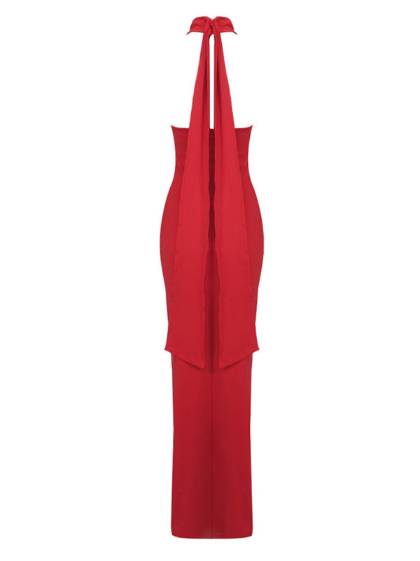 style ribbon flower halter neck long dress sleeveless dress
