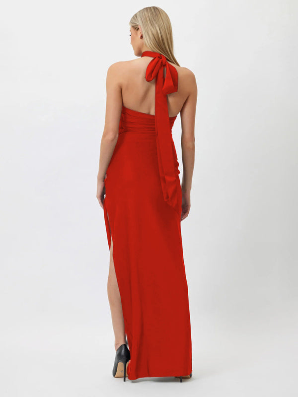 style ribbon flower halter neck long dress sleeveless dress