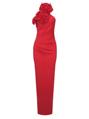 style ribbon flower halter neck long dress sleeveless dress
