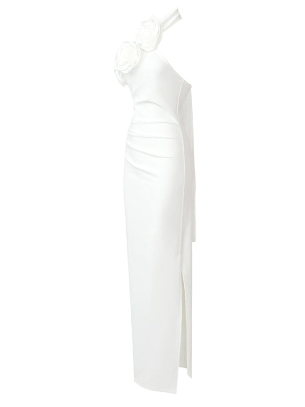 style ribbon flower halter neck long dress sleeveless dress