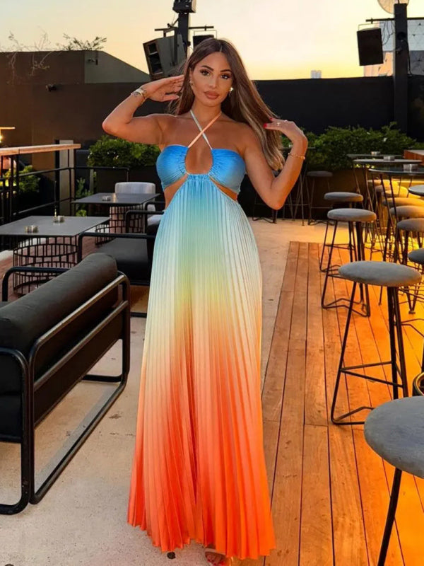 Gradient color halter neck pleated long skirt ladies beach holiday dress