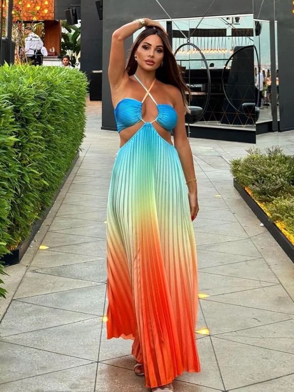 Gradient color halter neck pleated long skirt ladies beach holiday dress