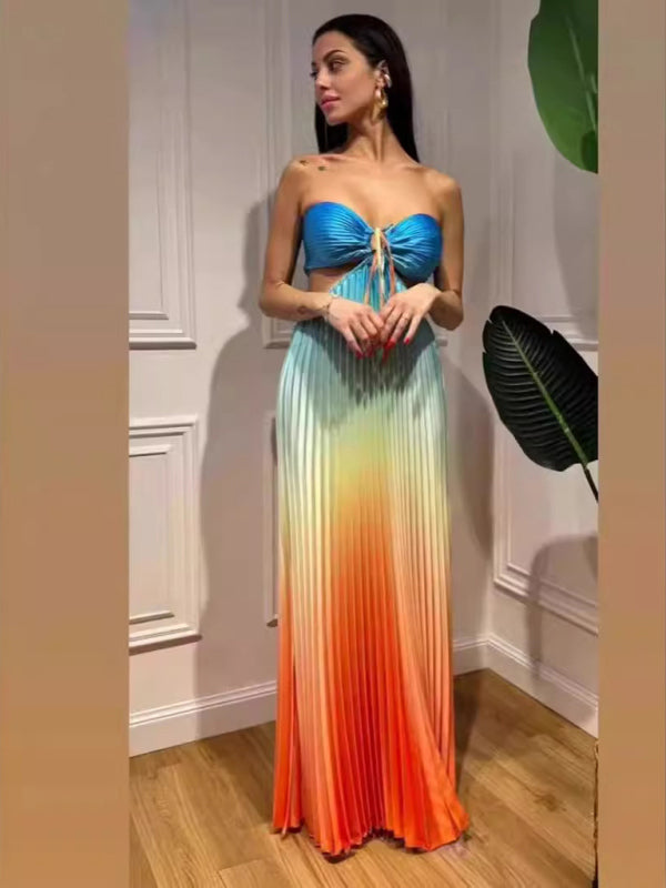 Gradient color halter neck pleated long skirt ladies beach holiday dress