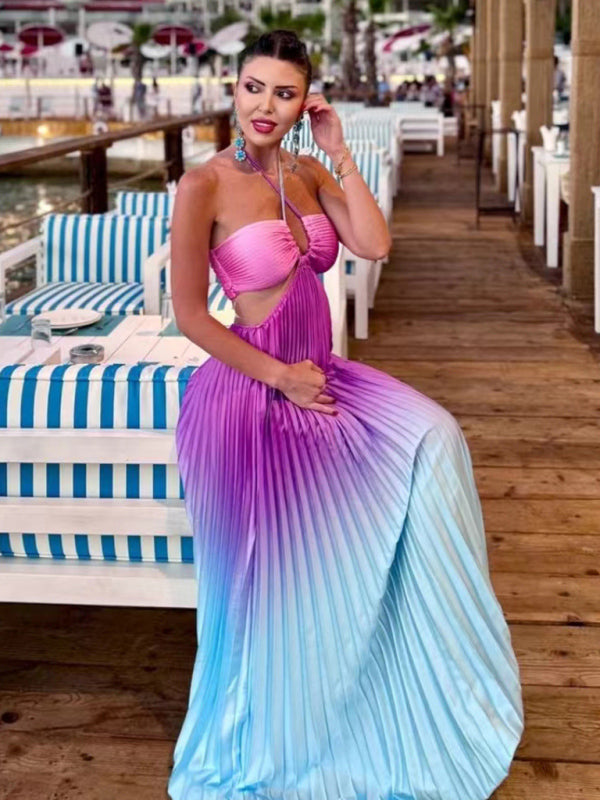 Gradient color halter neck pleated long skirt ladies beach holiday dress