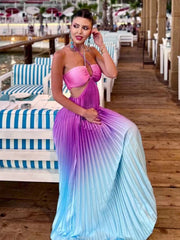 Gradient color halter neck pleated long skirt ladies beach holiday dress