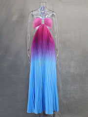Gradient color halter neck pleated long skirt ladies beach holiday dress