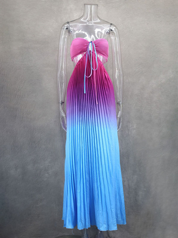Gradient color halter neck pleated long skirt ladies beach holiday dress