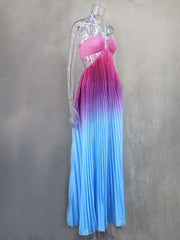 Gradient color halter neck pleated long skirt ladies beach holiday dress