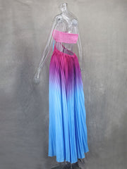 Gradient color halter neck pleated long skirt ladies beach holiday dress