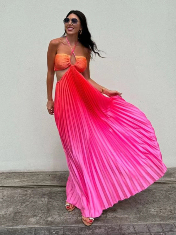 Gradient color halter neck pleated long skirt ladies beach holiday dress