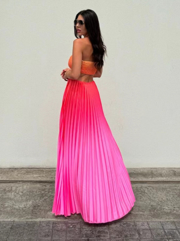Gradient color halter neck pleated long skirt ladies beach holiday dress