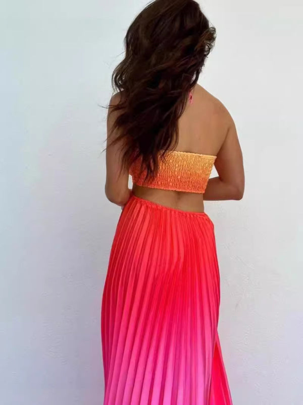 Gradient color halter neck pleated long skirt ladies beach holiday dress